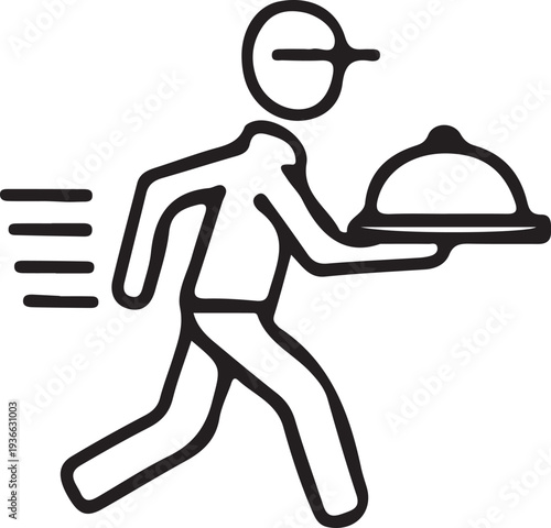 A stick figure of a waiter rushing to deliver a covered dish