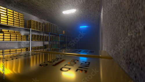 Generic gold reserve vault with stacks of gold bars. Bank vault with gold and cash. 3d rendering