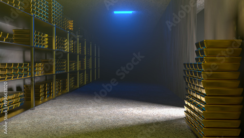 Generic gold reserve vault with stacks of gold bars. Bank vault with gold and cash. 3d rendering