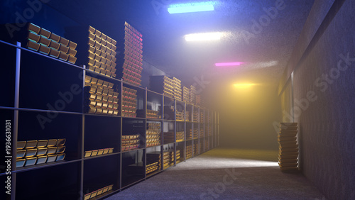 Generic gold reserve vault with stacks of gold bars. Bank vault with gold and cash. 3d rendering