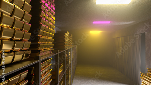 Generic gold reserve vault with stacks of gold bars. Bank vault with gold and cash. 3d rendering