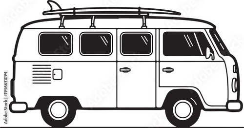 Black and white illustration of a classic volkswagen van with surfboard on top