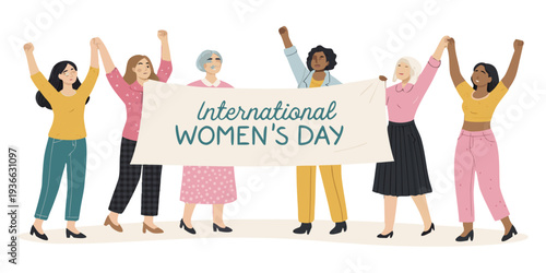 Multi-ethnic Group of Diverse Women Holding Banner for International Women's Day Celebration on transparent Background. Diverse Women Standing Together for Gender Equality and Women's Empowerment,