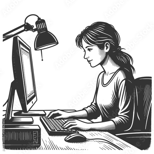 woman typing on a desktop computer at a desk, representing office work, freelancing, and remote productivity sketch engraving generative ai vector illustration. Scratch board. Black and white image.