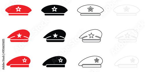 military beret icon vector, army navy military cap symbol vector, silhouette and line art illustration