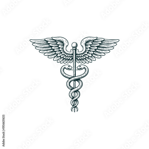 Caduceus medical symbol with two snakes entwined around a winged staff in vintage engraving style isolated on white background.