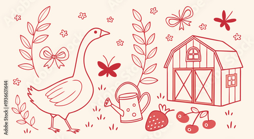 Cute Farm Animals and Barn Line Art Vector Illustration with Goose and Farm Elements.