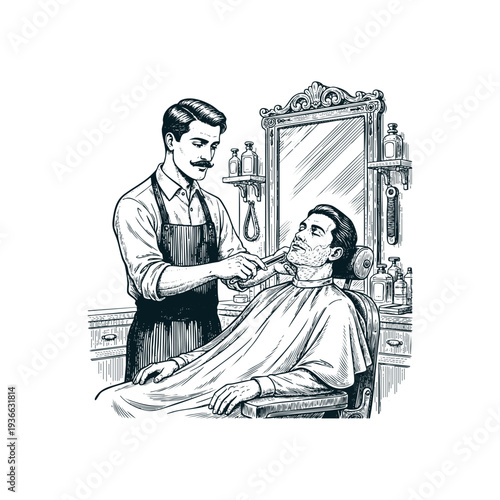 Vintage barber grooming a customer in a classic barbershop, professional hairstyling and shaving service, retro engraving style vector illustration.