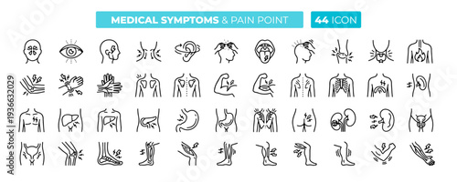 Comprehensive 44 Medical Symptoms, Sickness, Disease and Body Ache Editable Stroke Line Vector Icon Set for Hospital Clinics and Healthcare Web Design