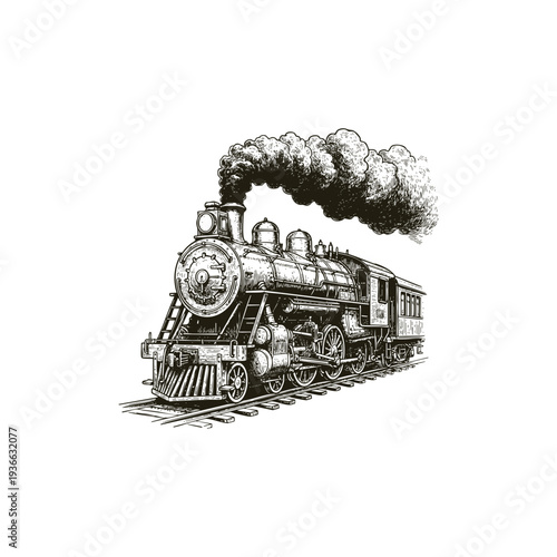 Vintage steam locomotive train on tracks with smoke puff isolated on white background. Engraving style vector illustration.