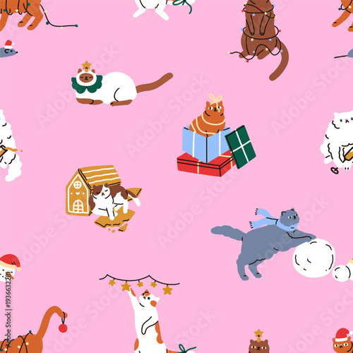 Cute funny cats on seamless Christmas pattern. Festive winter design with hol...