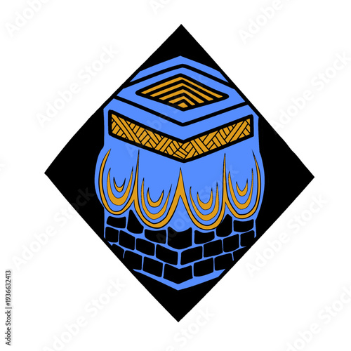 A stylized Kaaba, rendered in blue and gold with brick detailing at its base.