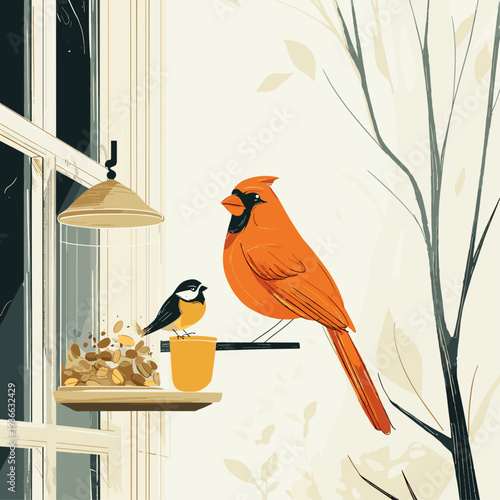 Cardinal and Chickadee at Window Feeder