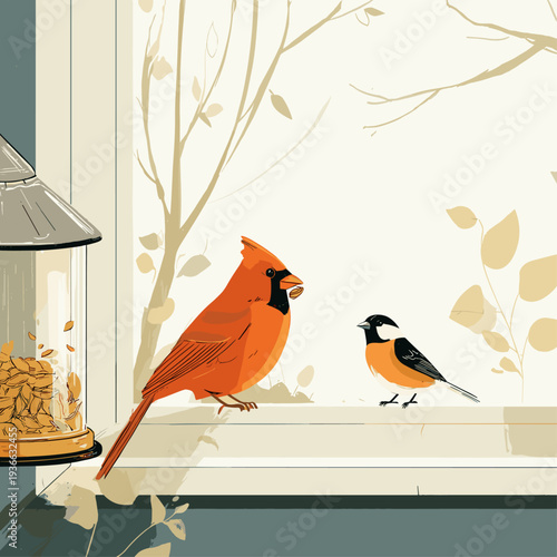 Cardinal and Chickadee at Window Feeder