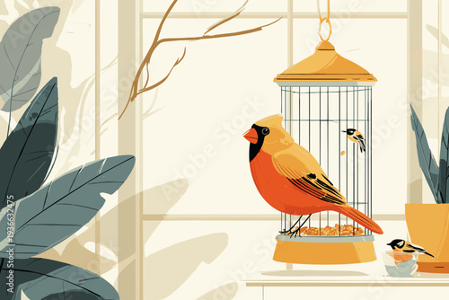 Cardinal and Chickadee at Window Feeder