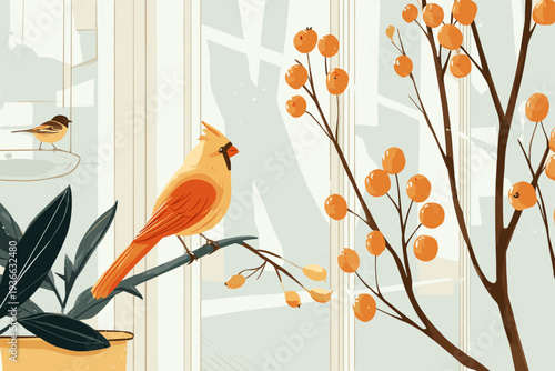 Cardinal and Chickadee at Window Feeder