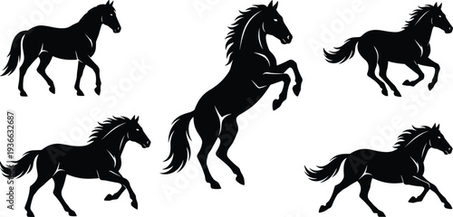 Black Horse Silhouette Vector Set Featuring Isolated Stallions in Various Poses Including Galloping Running and Rearing Up for Equestrian Nature and Western Graphic Design
