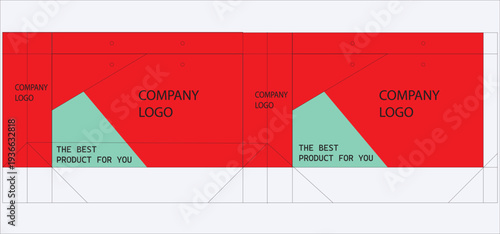 Vector shopping bag template featuring a bold red geometric pattern, with professional layout sections for retail branding, company logo, and promotional marketing text.

