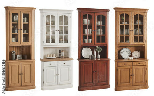 Four wooden kitchen hutches with glass doors and various dishes display On Valentine's day