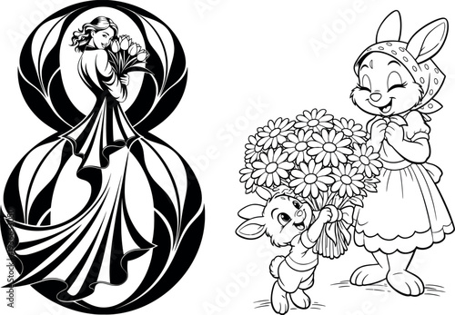International Women's Day Silhouette with Bunny and Floral Bouquet