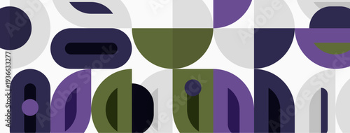 Abstract pattern features overlapping circles, ovals, curves. Colors include purple, olive, gray, white. Modern design evokes midcentury aesthetic.