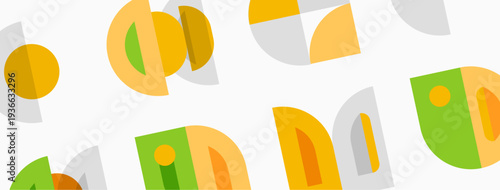 Abstract geometric shapes repeat. Colors include orange, green, gray. Pattern feels modern, playful, simple. Background is white.