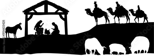 A Christmas nativity scene with baby Jesus in the manger and wise men a