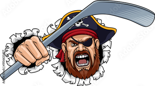 An angry Pirate cartoon character holding hockey stick ice hockey sports team mascot illustration.