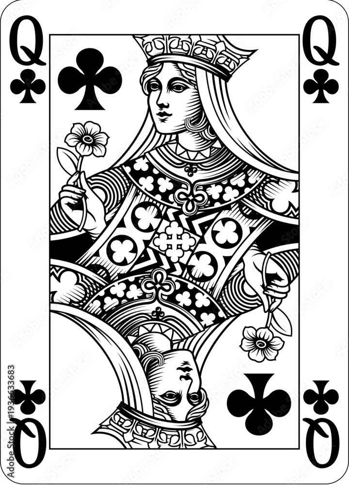 Fototapeta premium Queen of Clubs design from a new original deck of playing cards. Four pip left handed version with identifier in all four corners.