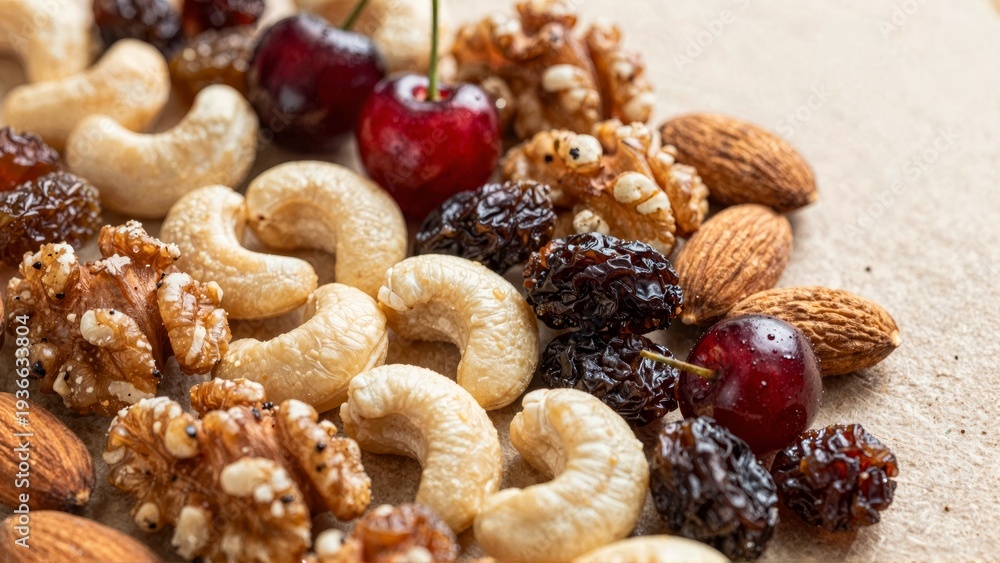 Fototapeta premium A variety of nuts, dried fruits, and candied pecans spread across a table