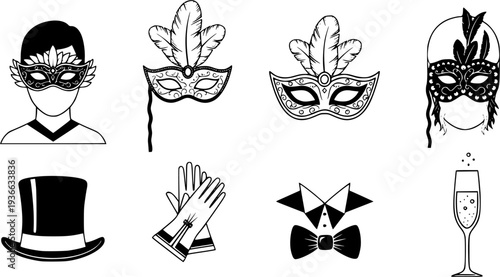 set of masquerade silhouette line art vector illustration with a white background