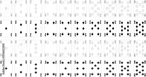 Number cards designs from a new original deck of playing cards. Four pip left handed version with identifier in all four corners.