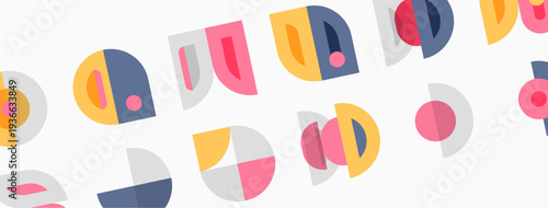 Abstract shapes, colorful semicircles, overlapping forms create playful pattern. Minimalist design, soft hues, geometric elements present.
