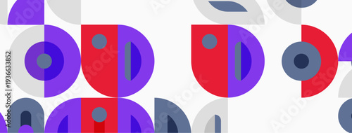 Abstract pattern features overlapping circles, semicircles. Red, purple, gray hues create playful visual rhythm. Simple shapes repeat.