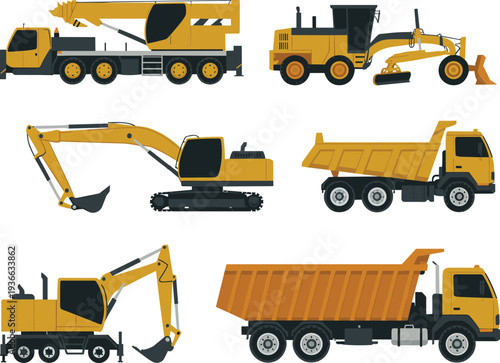 Heavy construction machinery set including crane truck, excavator, bulldozer, grader and dump trucks isolated on white background vector illustratio