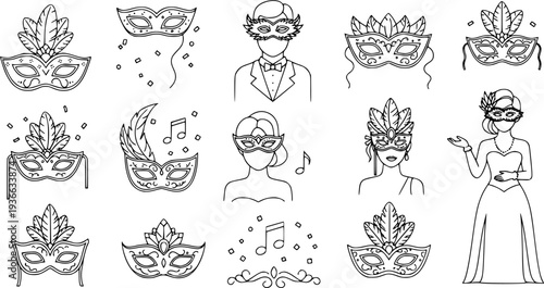 set of masquerade silhouette line art vector illustration with a white background