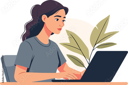 donna al computer che usa un laptop in ufficio casa al bar vettoriale, portatile