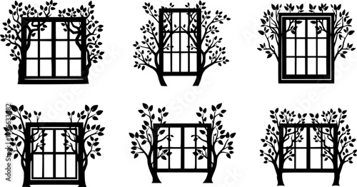 Silhouette of window and tree branches. Gobo mask