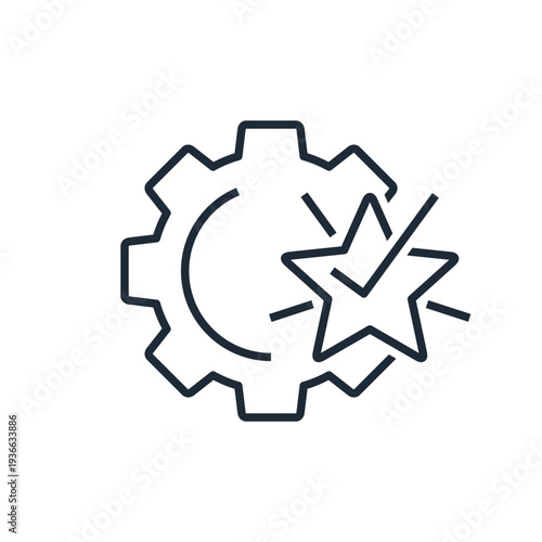 A gear with a star and a check mark. Excellent, the best technology, the tool.Vector linear icon  illustration isolated on white background.