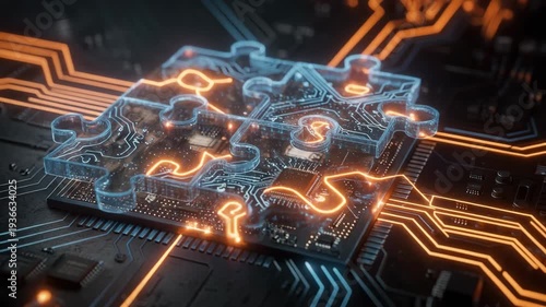 Futuristic glowing digital puzzle pieces connected on a high tech circuit board with neon light lines
