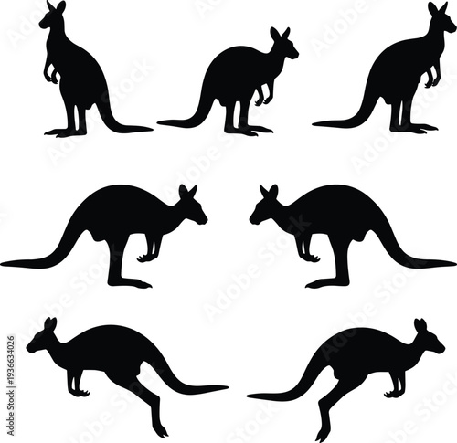 Black Kangaroo Silhouette Vector Set Featuring Isolated Australian Marsupials in Various Poses Including Standing Jumping and Leaping for Nature Wildlife and Outback Graphic Design