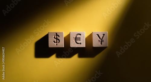 A close-up of wooden blocks with currency symbols on a yellow background