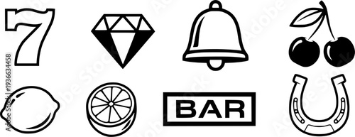 Lucky 7 icons set simple vector. Casino slot