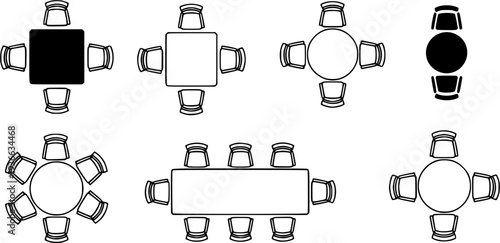 Top-down view of various table and chair arrangements