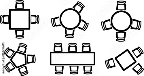 Top-down view of various table and chair arrangements