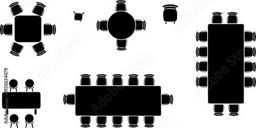 Top-down view of various table and chair arrangements