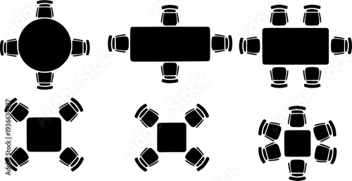Top-down view of various table and chair arrangements