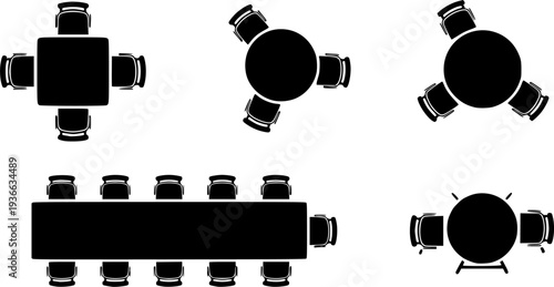 Top-down view of various table and chair arrangements