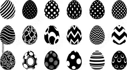 Black Easter egg with white decorative shapes creates a simple yet modern visual