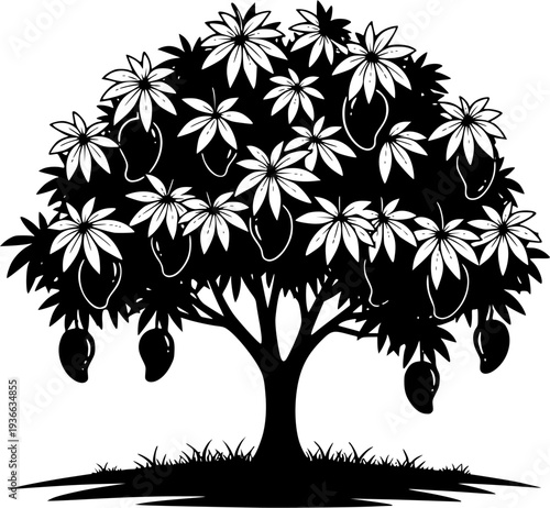 Black silhouette shows a leafy mango tree bearing ripe fruit on fertile land